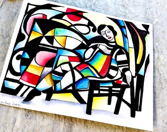 Original Bauhaus-Inspired Watercolor Painting: Abstract Woman Illustration