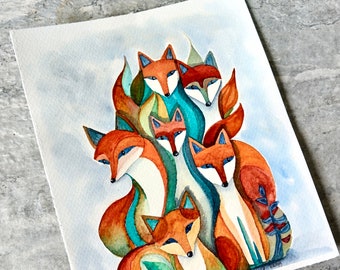 Abstract Foxes Line and Watercolor Painting, Not A Print, Hand Painted Original, Ink and Wash Illustration, Intricate, Ready to ship