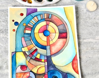 Abstract Watercolor Painting, Not A Print, Hand Painted Original, Ink and Wash Illustration,  Colorful Jeweltones Ready to ship