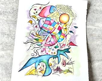 Originele abstracte viswaterverfschilderij: illustratie inktwas