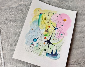 Originele abstracte aquarel: kleurrijk sterrenlandschap