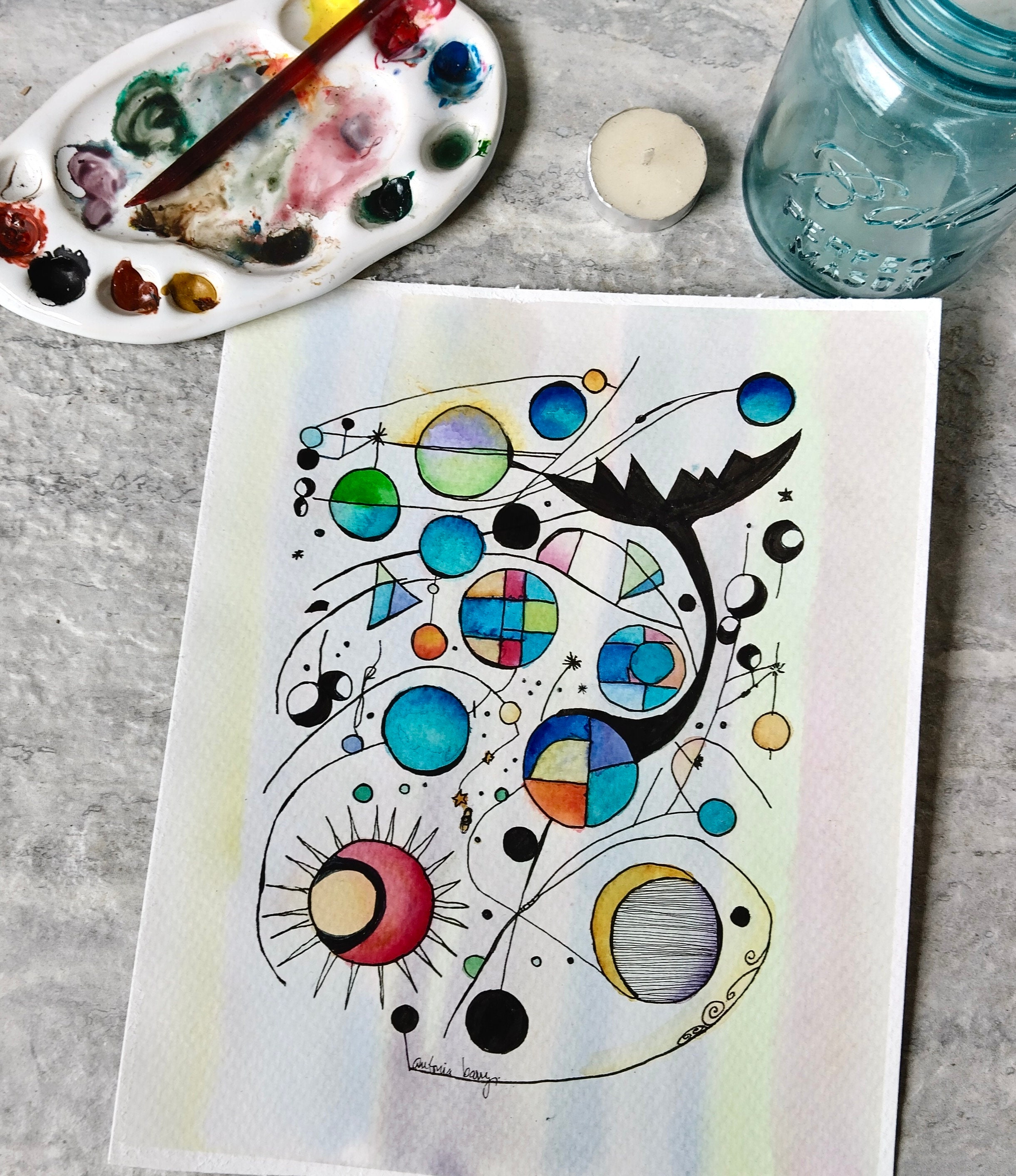 オリジナル日食水彩画：抽象的な水墨風景画 - Etsy 日本