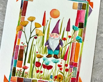 Original Gnome Watercolor Painting: Ink and Wash Illustration
