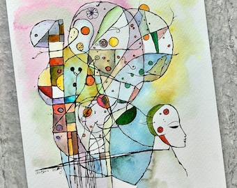 Original Watercolor Mask Painting: Abstract Ink Wash Illustration