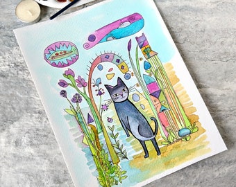 Cat in the Garden Watercolor Painting, Not A Print, Hand Painted Original, Ink and Wash Illustration, Intricate, Ready to ship