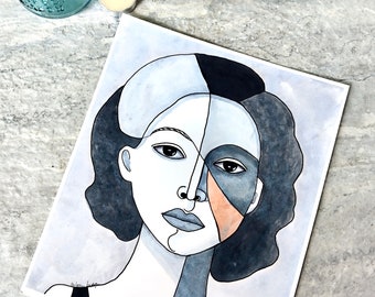 Black and White Woman Watercolor Painting, Not A Print, Hand Painted Original, Ink and Wash Illustration,  Ready to ship