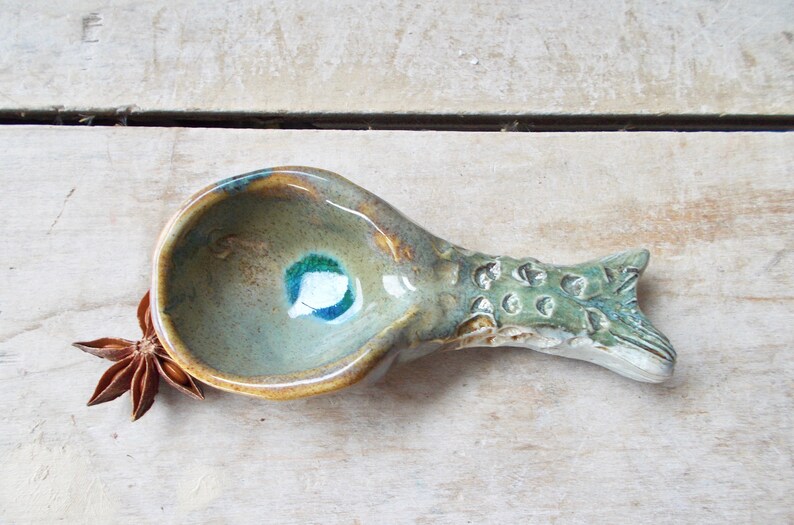 Happy Little Fish Spoon Handmade Stoneware Light Blue Salt Dipper Rustic Pottery Stoneware Sugar Spoon Ready to Ship Pottery Scoop
