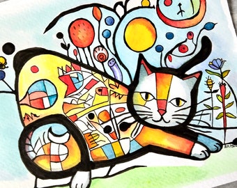 Pouncing Cat Watercolor Painting, Not A Print, Abstract, Hand Painted Original, Ink and Wash Illustration, Intricate, Ready to ship