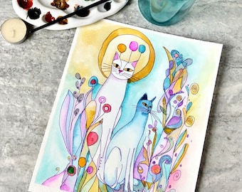 Cats and Flowers Watercolor Painting, Not A Print, Hand Painted Original, Ink and Wash Illustration, Intricate, Ready to ship