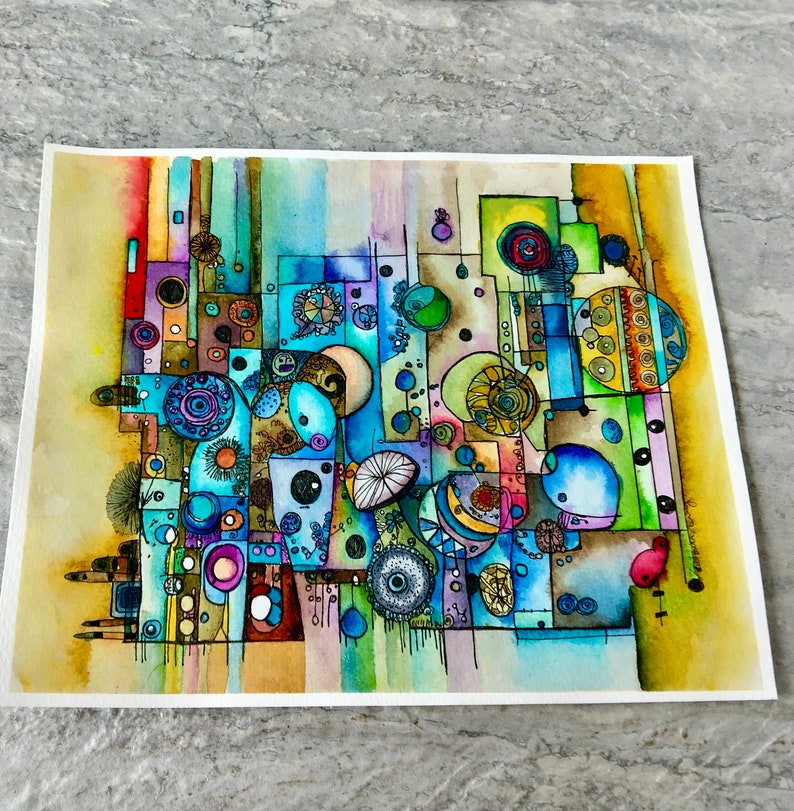 Busy Abstract Line and Watercolor Painting, Not A Print, Circles Hand