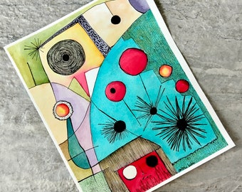 Original Abstract Watercolor Painting: Teal & Red Circle Ink Illustration