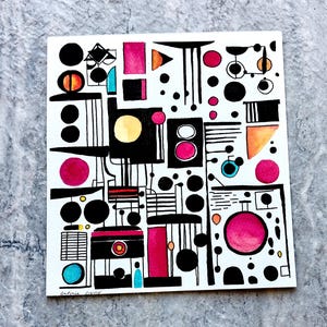 Dipinto astratto quadrato, pittura ad acquerello con forme retrò, non una stampa, originale dipinto a mano, lavaggio a inchiostro, colori vivaci, pronto per la spedizione