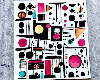 Original Square Abstract Watercolor Painting: Retro Ink Wash Art