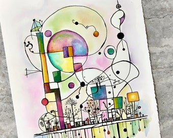 Abstract Line and Watercolor Painting, Not A Print, Hand Painted Original, Ink and Wash Illustration, Intricate, Ready to ship