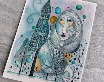 Waterverfschilderij Rain Lady: surrealistisch weer, originele illustratie