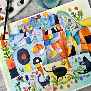 Pintura de acuarela de gatos de jardín, no una impresión, original pintado a mano, ilustración de tinta y lavado, intrincado, listo para enviar