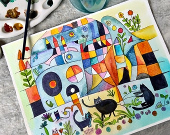 Original Garden Cats Watercolor Painting: Bauhaus Style Ink Illustration