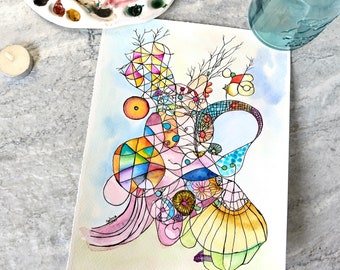 Original Abstract Watercolor Painting: Twisting Branching Ink Illustration