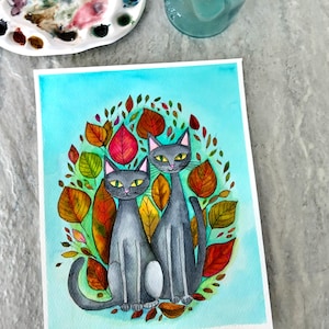 Gatos grises en óvalo, pintura de acuarela, no es una impresión, original pintado a mano, ilustración en tinta y aguada, lista para enviar