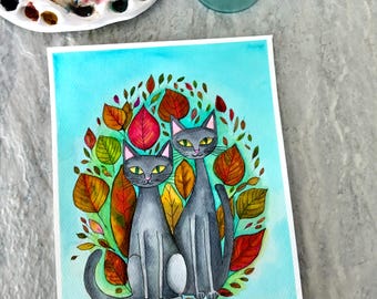 Aquarel grijze katten: herfstbladeren ovaal, originele illustratie