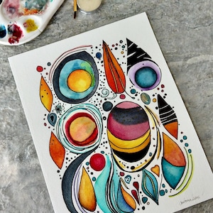Happy Universe Abstract Line e pittura ad acquerello, non una stampa, originale dipinto a mano, illustrazione a inchiostro e lavaggio, pronto per la spedizione