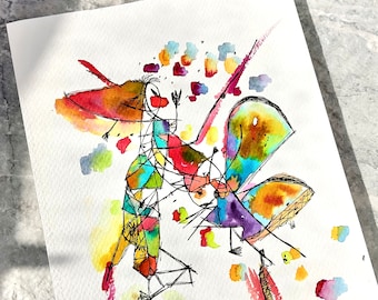 Scribble Fairy Battle: kleurrijk abstract aquarelschilderij