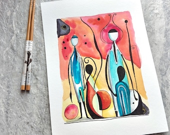 Originele abstracte aquarel: illustratie van de familie van inktwassing