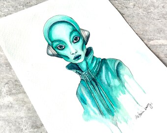 Alien Woman Cyan, Original Watercolor Painting, Not a Print, Outer Space , Colorful, Ready to Ship