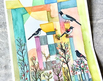 Magpies Urban Landscape, Watercolor Painting, Not A Print, Hand Painted Original, Ink and Wash Illustration,  Ready to ship