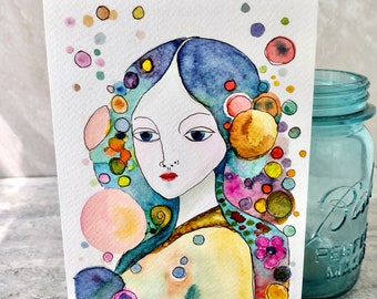 Girl with Pet Snail  Watercolor Painting, MCM mid mod, Not A Print, Hand Painted Original, Ink and Wash Illustration,  Ready to ship