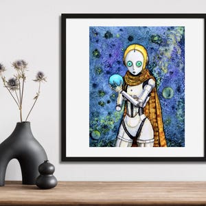 Dipinto ad acquerello di Android bianco, non una stampa, futurismo retrò, arte pulp, originale dipinto a mano, illustrazione a inchiostro e lavaggio, pronto per la spedizione