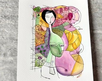 Shadow Work-aquarel: abstracte gezichten, groene en roze originele kunst