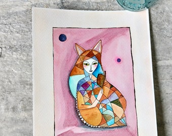 Fox Girl Reading, Nest Watercolor Painting, Not A Print, Hand Painted Original, Ink and Wash Illustration, Child's Room, Ready to ship
