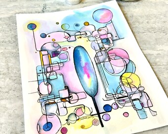 Abstract Blue Pink, Line and Watercolor Painting, Not A Print, Hand Painted Original, Ink and Wash Illustration, Intricate, Ready to ship