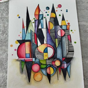 Dipinto ad acquerello astratto, non una stampa, frammenti a strisce, originale dipinto a mano, illustrazione a inchiostro e lavaggio, intricato, pronto per la spedizione