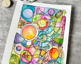 Abstract Doodle Watercolor Painting, MCM mid mod, Not A Print, Hand Painted Original, Ink and Wash Illustration,  Ready to ship