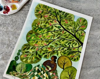Originele aquarel: vrouw onder wilg, abstract surrealisme
