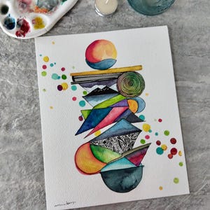 Dipinto ad acquerello astratto, non una stampa, forme sovrapposte, originale dipinto a mano, illustrazione a inchiostro e lavaggio, intricato, pronto per la spedizione