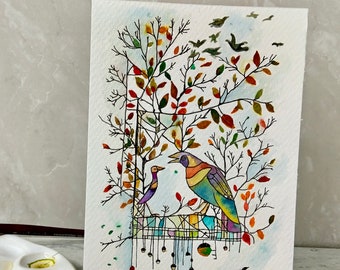 Autumn Birds Watercolor Painting, Not A Print, Hand Painted Original, Ink and Wash Illustration,  Ready to ship