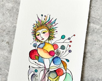 Doodle Woman Watercolor Painting, Not A Print, Hand Painted Original, Ink and Wash Illustration,  Ready to ship