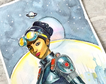 Original Watercolor Painting: Sci-Fi Woman, Ink and Wash Illustration