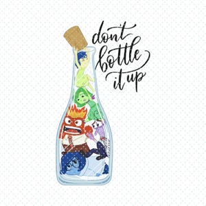 May include: A glass bottle with a cork stopper, filled with cartoon characters representing different emotions. The characters are blue, green, yellow, red, and purple. The text "don't bottle it up" is written in black cursive lettering.