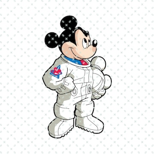 May include: Mickey Mouse dressed as an astronaut, wearing a white spacesuit with a blue and red patch on his left arm. He is holding a white object in his right hand and smiling.