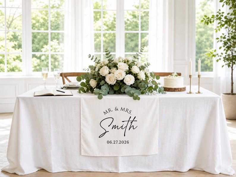Personalized Mr and Mrs Sweetheart Table Runner, Custom Fabric Couple Name Wedding Linen, Linen Wedding Reception Banner, Newlywed Gift