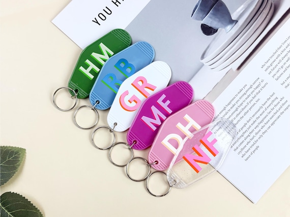 Personalized Shadow Monogram Retro Motel Keychain, Custom House Ornament Key ring Bridesmaid Gift, Cute Keychain Bridesmaid Proposal Gifts