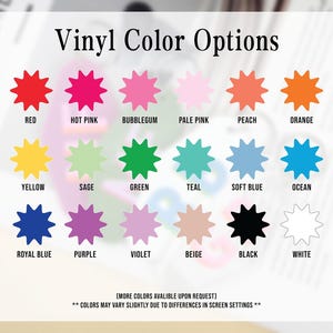 K&ouml;nnte beinhalten: Eine Tabelle mit Vinyl-Farboptionen. Der Text "Vinyl-Farboptionen" steht oben. Zu den Farben geh&ouml;ren Rot, Pink, Bubblegum, Hellrosa, Pfirsich, Orange, Gelb, Salbei, Gr&uuml;n, T&uuml;rkis, Hellblau, Ozean, K&ouml;nigsblau, Lila, Veilchen, Beige, Schwarz und Wei&szlig;.