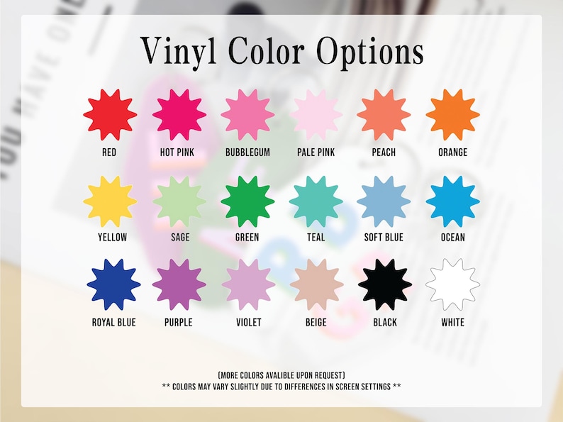 K&ouml;nnte beinhalten: Eine Tabelle mit Vinyl-Farboptionen. Der Text "Vinyl-Farboptionen" steht oben. Zu den Farben geh&ouml;ren Rot, Pink, Bubblegum, Hellrosa, Pfirsich, Orange, Gelb, Salbei, Gr&uuml;n, T&uuml;rkis, Hellblau, Ozean, K&ouml;nigsblau, Lila, Veilchen, Beige, Schwarz und Wei&szlig;.