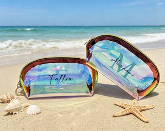 Personalisierte holografische Kosmetiktasche als Gastgeschenk für den Junggesellinnenabschied, Kosmetiktasche mit individuellem Namen als Reisegeschenk für Mädchen, transparente Kosmetiktasche als Geschenk für Brautjungfern