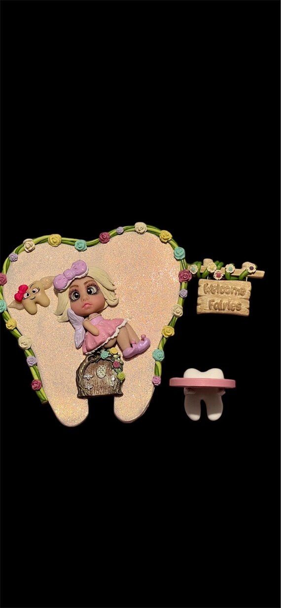 Hand Sculpted Clay 2 piece Tooth Fairy Door with Tooth Holding Coin Table & Welcome Fairies Sign + Glow In The Dark Pet Tooth with Wings.