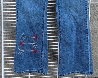 Boho Chic Upcycled Denim Jeans-- Levi Strauss-- Signature-- Totally Shaping-- Size 12--Boot Cut Denim Jeans--OOAK-- Free Shipping